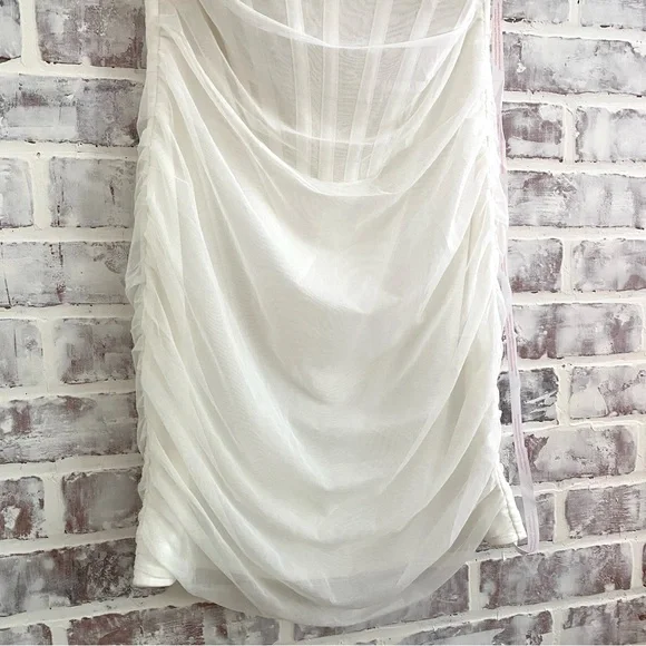 Missguided • Ivory Mesh Tie Shoulder Corset Mini Dress • Sweetheart Neckline - Picture 6 of 14
